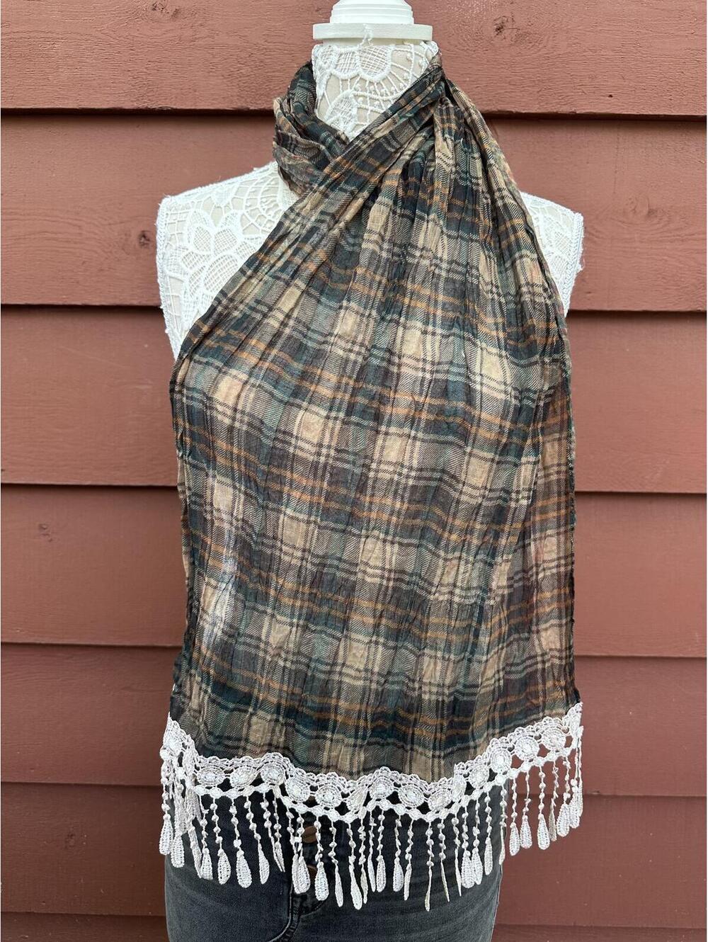 Plaid Scarf with Crochet Fringe